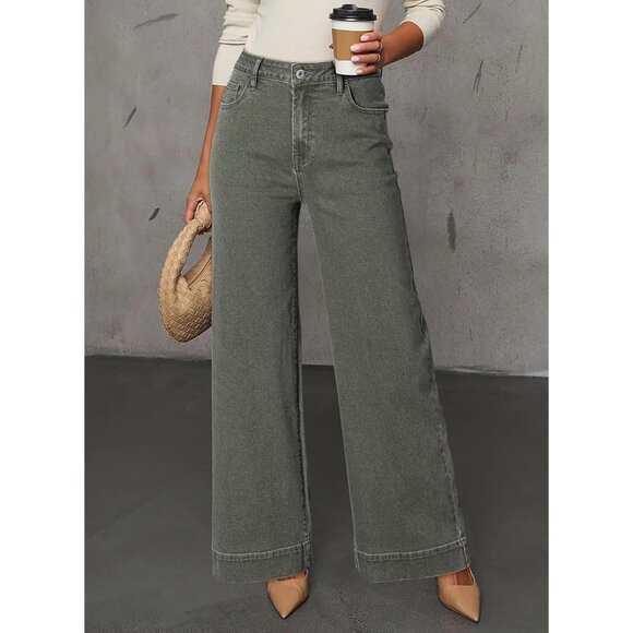 Women's Four Leaf Clover Wide Leg Denim Jeans Stretchy Loose Pants with Pockets - Picture 2 of 5